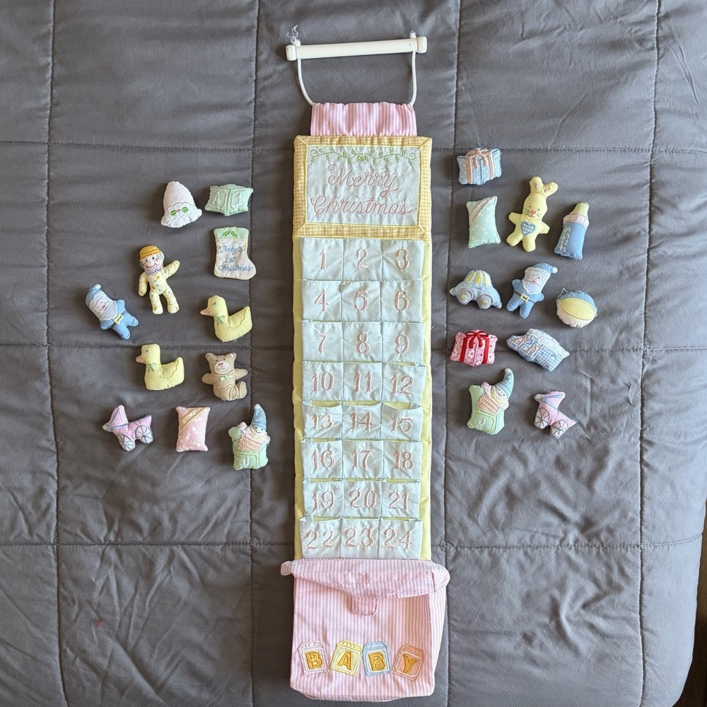 VTG Baby's First Christmas Advent Calendar Pastel 24 Pockets Hanging Embroidered